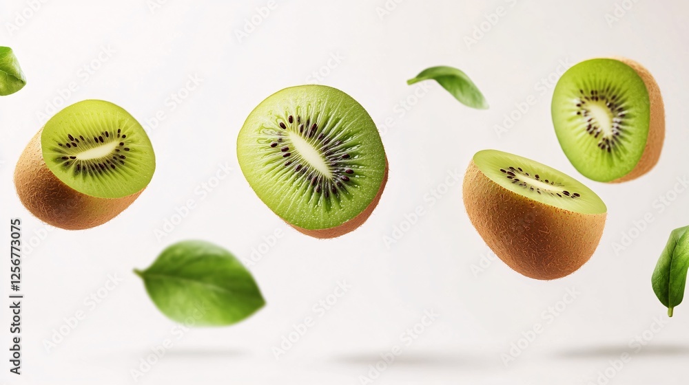 Aufkleber kiwi fruit halves and leaves floating on white background