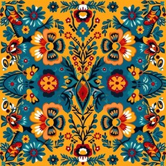 Colorful Folk Art: Vibrant floral pattern with symmetrical design on a golden backdrop