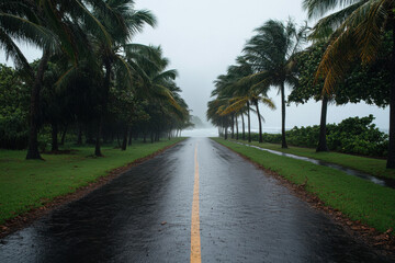 A road with trees on both sides and a yellow line