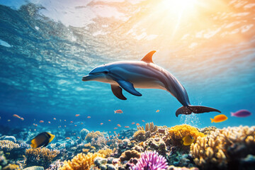 Fototapeta premium dolphin swimming gracefully through vibrant coral reef, surrounded by colorful fish and illuminated by sunlight filtering through water. scene captures beauty of marine life and underwater