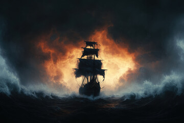 A large ship is in the middle of a stormy sea