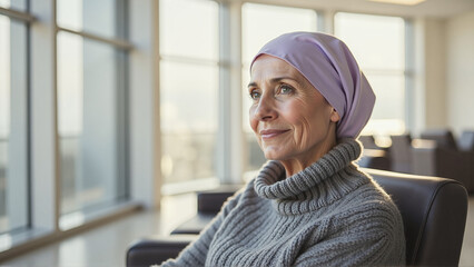 Elderly Woman with Headscarf Reflecting During Cancer Treatment Session
