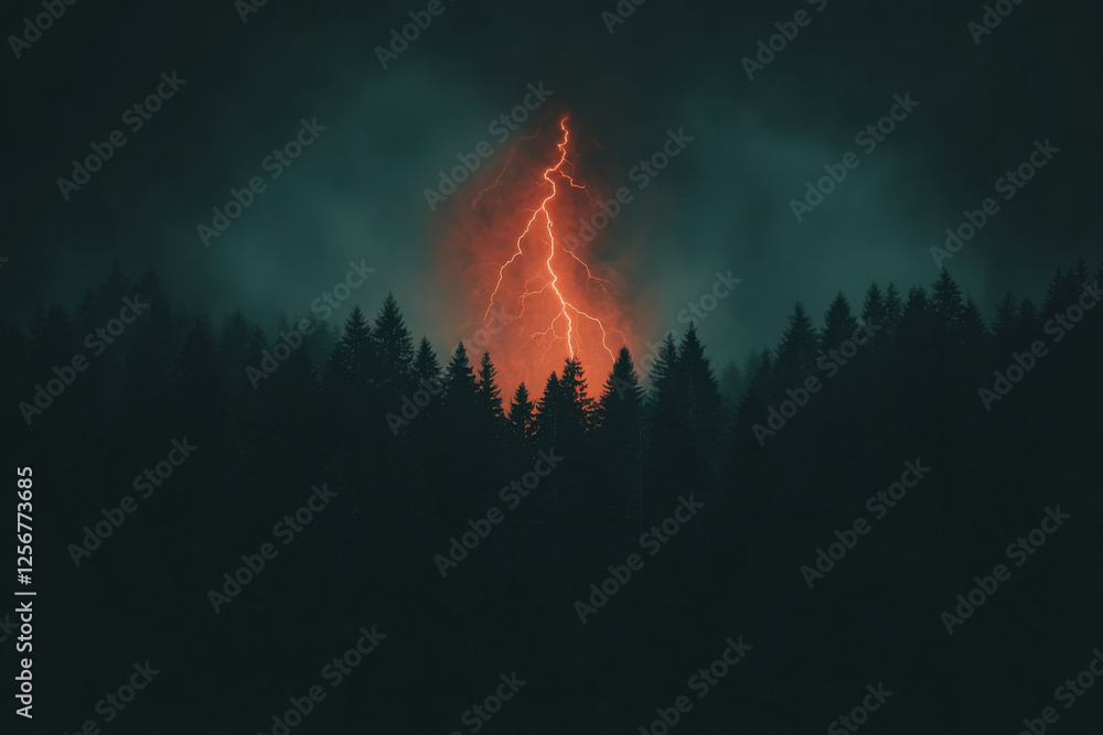 Poster a forest with a large red lightning bolt in the sky