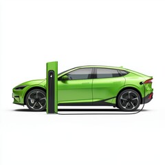 Obraz premium A lime green electric car is plugged into a charging station.