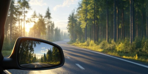 Fototapeta premium Scenic Drive Through a Pine Forest at Sunrise: A Journey Reflected