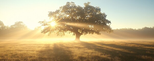 Lone oak tree standing in field at sunrise with sunbeams shining through branches