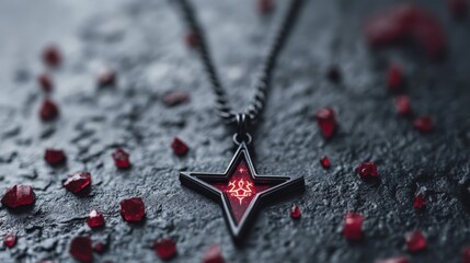 Star pendant necklace, dark background, red crystals, jewelry photography