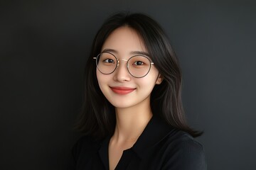 Fototapeta premium Portrait of smiling young woman with eyeglasses against a dark gray background