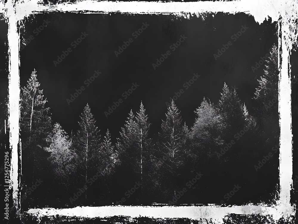 Poster grayscale image of coniferous trees within a distressed frame
