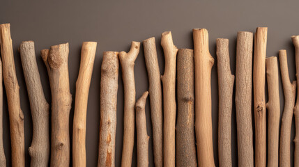 Natural wood sticks arranged in row, showcasing various textures and colors. earthy tones create warm and organic feel, perfect for rustic decor or nature inspired designs