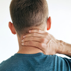 Fototapeta premium man is seen from back, holding his neck with one hand, indicating discomfort or tension. image captures moment of self care and awareness of physical well being