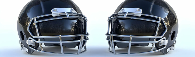 Two black helmets, white background, sport