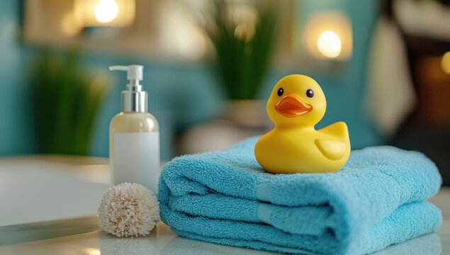 Relaxing Bathroom Scene with Rubber Duck and Towels