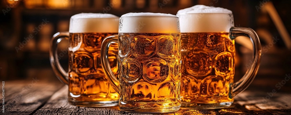 Poster three mugs of beer with foam standing on bar counter