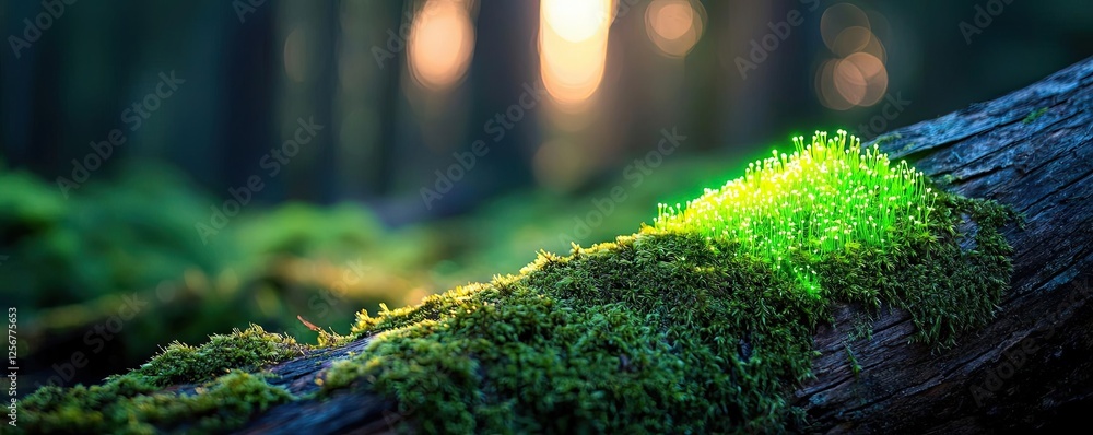Aufkleber Glow forest concept. Close-up of vibrant green moss on a tree log in a serene forest setting.