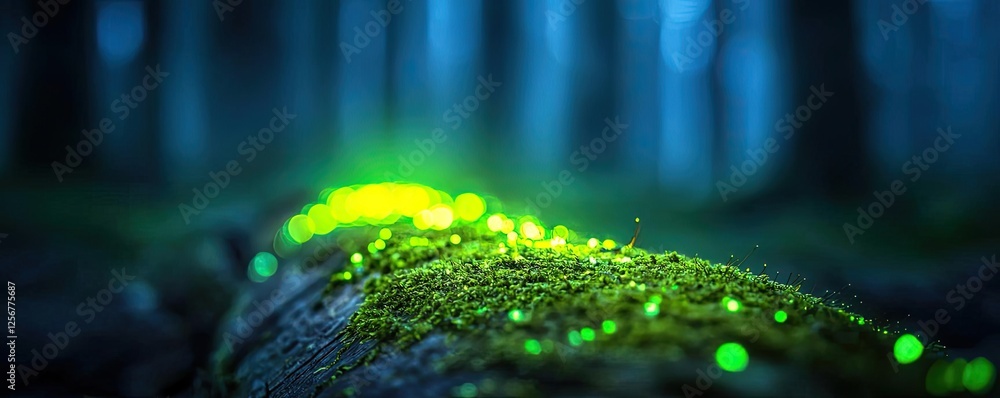 Poster Glow forest concept. A serene forest scene showcasing glowing moss on a fallen log at twilight.