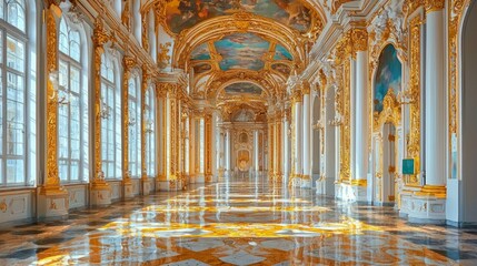 Obraz premium Expansive Hallway of Baroque Palace with Ornate Gold Accents
