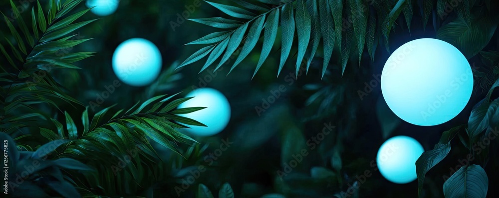 Poster glow forest idea. magical glowing orbs amidst lush green foliage in a tranquil setting.