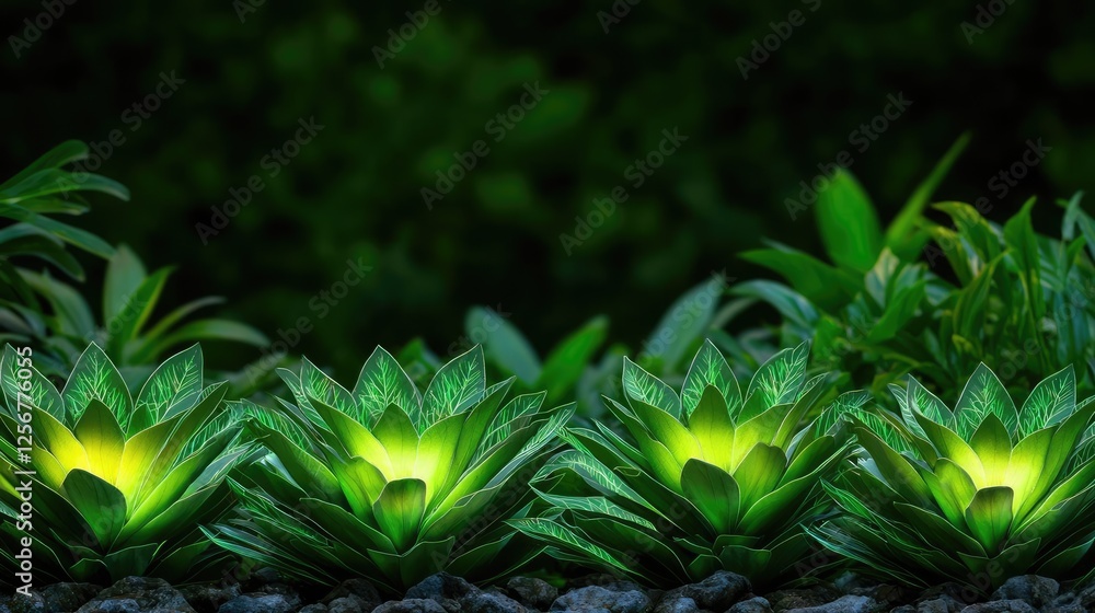 Poster glow forest concept. lush green plants illuminated beautifully in a serene dark setting.