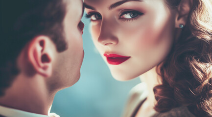 Fototapeta premium Romantic close up of couple with woman in red lipstick listening closely 