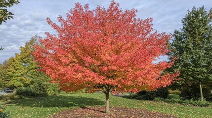 Naklejka premium Vibrant Red and Orange Leaves on Autumn Tree in Colorful Park Scene