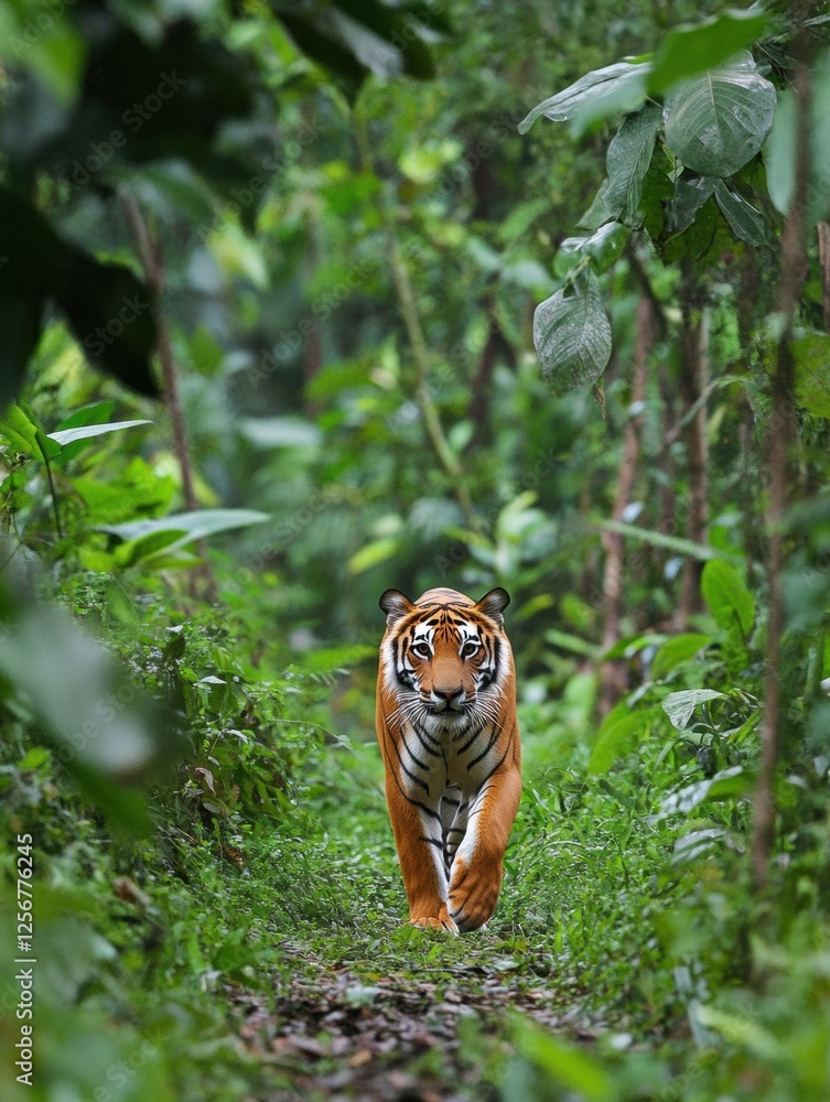 Poster majestic tiger walking through a lush green forest with an intense gaze at its surroundings. generat