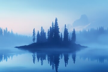Misty Island: Serene landscape of trees reflected on calm water in ethereal blue hues