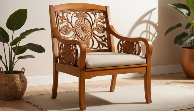 A vintage, handcrafted wooden armchair, adorned with a warm, honey-toned finish, set against a cozy, sun-kissed background, featuring a delicate, ornate design of interlocking wooden slats and a robus