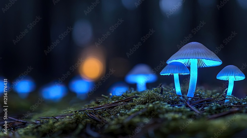 Poster glow forest idea. glowing mushrooms illuminate a forest floor at twilight, creating a mystical atmos