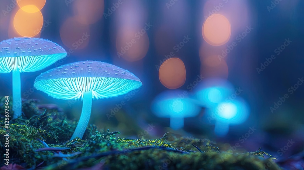 Aufkleber glow forest concept. glowing mushrooms in a mystical forest environment with soft bokeh background.