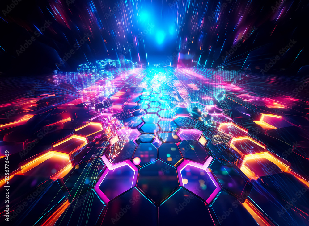 Aufkleber a vibrant, futuristic tunnel showcases a double exposure aesthetic. glowing hexagonal tiles create a