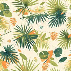 Fototapeta premium Seamless pattern of palm fronds and leaves in green and gold tones