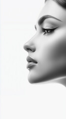 Fototapeta premium Dramatic black-and-white profile of a woman with glossy lips and sculpted features. 