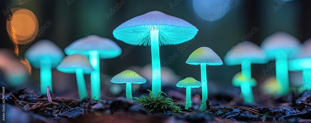 Poster glow forest concept. glowing mushrooms illuminate the forest floor creating a magical atmosphere.