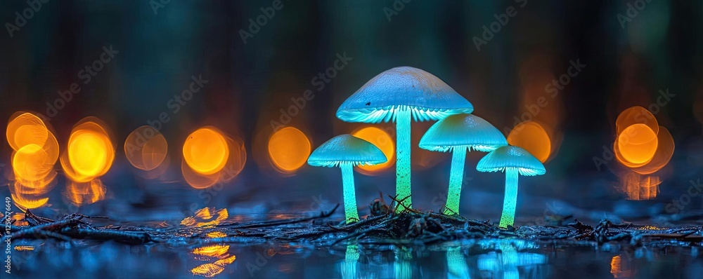 Poster Glow forest concept. Glowing mushrooms in a serene forest setting with bokeh background lights.