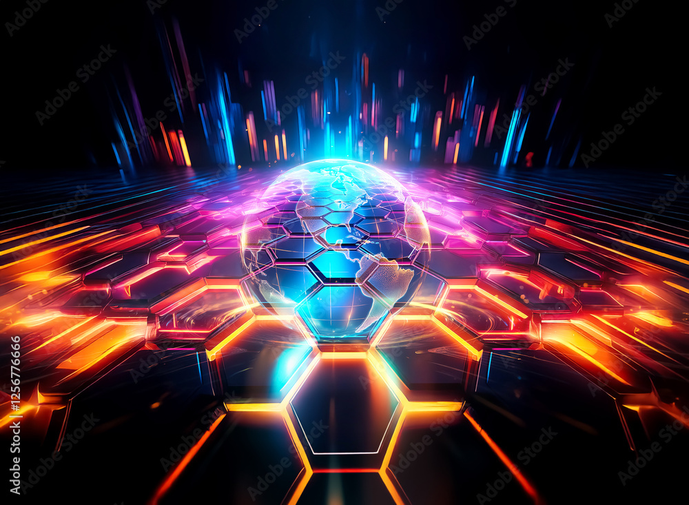 Poster double exposure digital artwork featuring a radiant orb with geometric lines and hexagonal patterns.