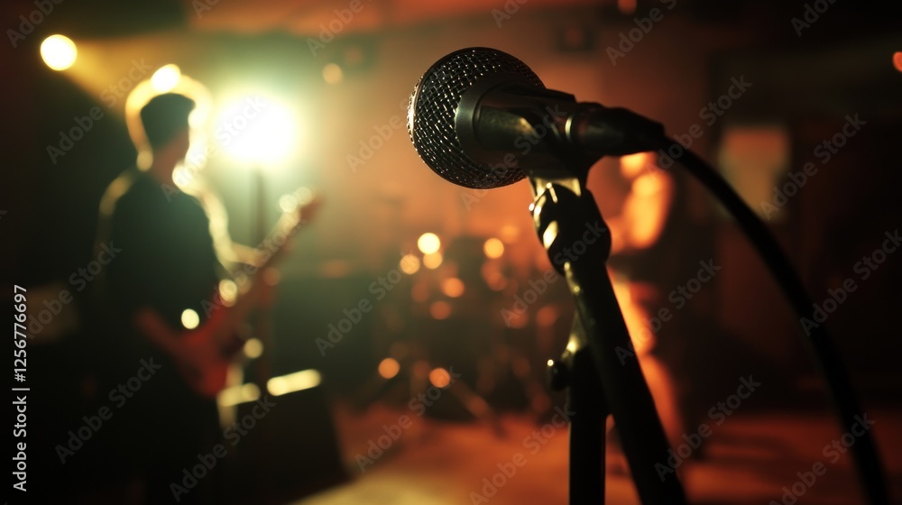 Poster microphone in focus with band performing in background.