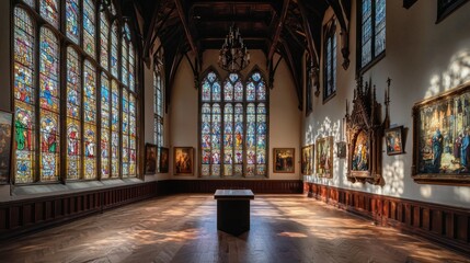 Fototapeta premium Majestic Art Gallery with Colorful Stained Glass Windows and Artwork