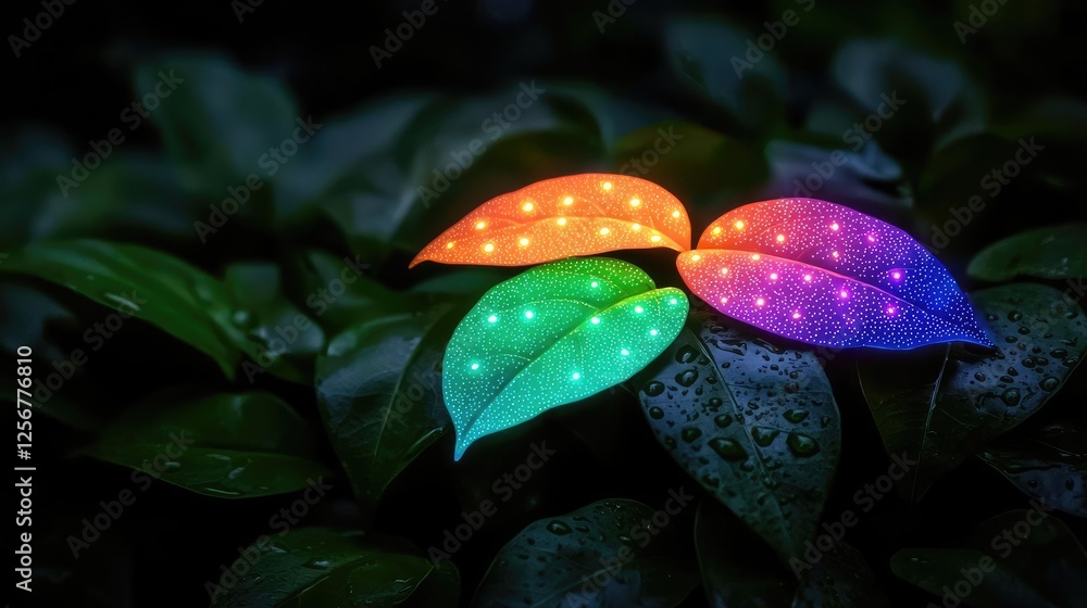 Aufkleber glow forest idea. vibrant illuminated leaves glowing on lush foliage in a serene natural setting.