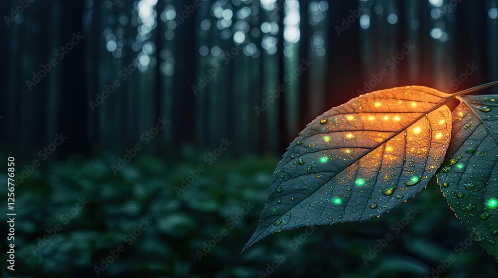 Poster glow forest idea. a glowing leaf adorned with colorful lights in a serene forest setting, highlighti