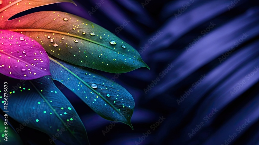 Poster glow forest idea. vibrant multicolored leaves with water droplets on a dark background.