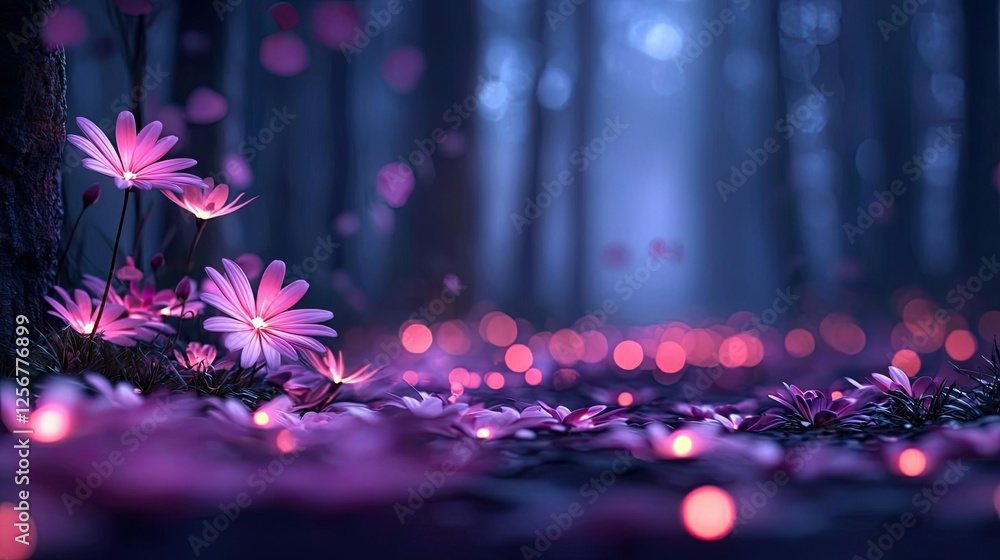 Poster glow forest idea. vibrant flowers bloom in a mystical forest, illuminated by soft glowing lights.