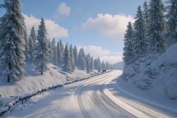 Obraz premium Winter road through a snow-covered forest under a partly cloudy sky Serene journey