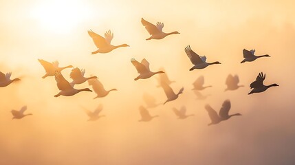 Fototapeta premium Geese in flight, sunrise, golden hour, sky. Possible use Nature, travel