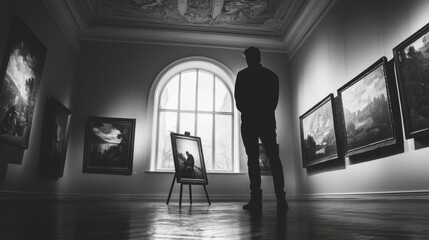 Silhouette of Visitor in Art Gallery Surrounded by Classical Paintings