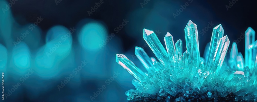 Poster glow forest idea. close-up view of shimmering blue crystals showcasing intricate structures and refl