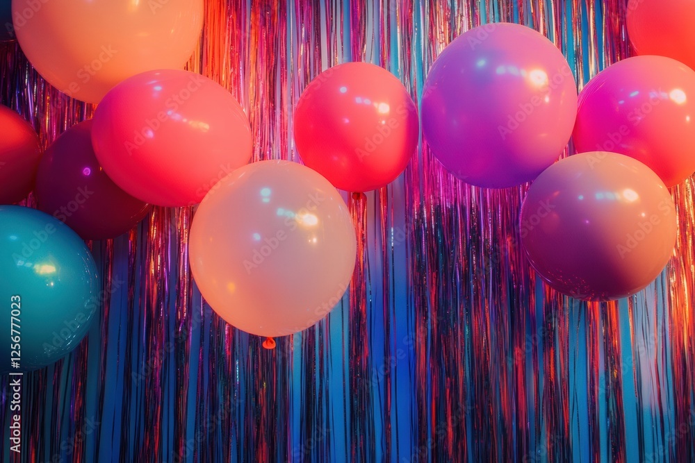 Poster festive party backdrop with colorful balloons and shimmering tinsel in a minimalist space perfect fo