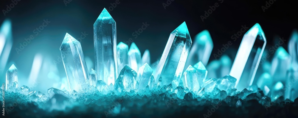 Aufkleber glow forest idea. stunning close-up of sparkling turquoise crystals on a dark background.