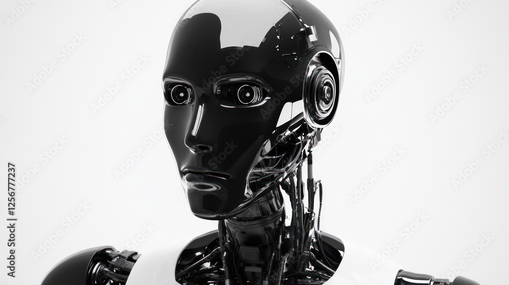 Poster close-up of a humanoid robot with a reflective surface.