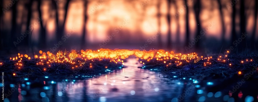 Poster glow forest concept. enchanting twilight scene with sparkling lights along a tranquil waterway.
